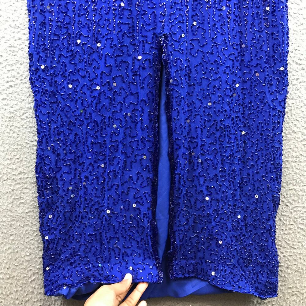 Lawrence Kazar Sequined Blue Silk Cocktail Dress - Size M - Picture 5 of 12